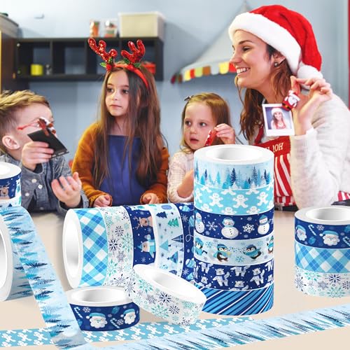 12 Pcs Christmas Washi Tape Blue Snowflake Print Masking Tape Frozen Pattern Decorative Paper Sticker for Christmas Party Holiday Scrapbook Handbook Sticker (196.8 Foot)