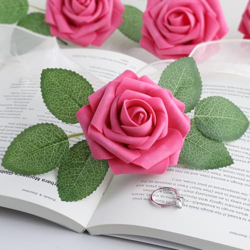 Hot Pink Rose 25pcs Real Looking Artificial Flowers w