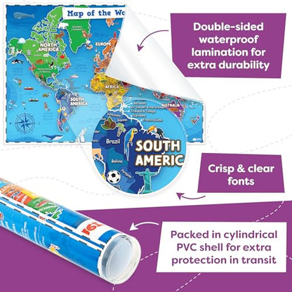 United States and World Map For Kids Classroom Posters 2pc Set (2 Count)