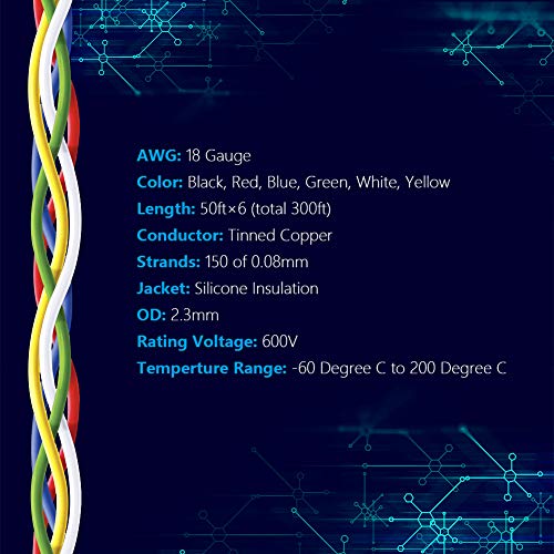 18 AWG Stranded Wire Spool 50ft Each 6 Colors (300 Foot)