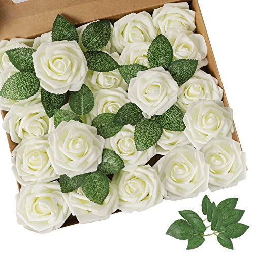 Ivory Rose 25pcs Real Looking Artificial Flowers w (25 Count)