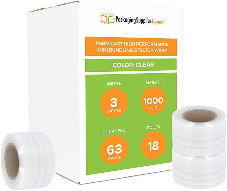 PSBM Mini Stretch Wrap with Handle, 18 Pack, 3 Inch x 1000 Feet, 63 Gauge, Clear High Performance Small Plastic Cling Film for Pallets Moving Storing