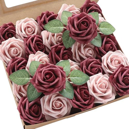 Artificial Flowers 25pcs Real Looking Cinnamon Rose & Shabby Pink Foam Fake Roses with Stems for DIY Wedding Bouquets Bridal Shower Centerpieces Floral Arrangements Party Tables Decorations (25 Count)