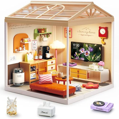 Modern Living Room DIY Miniature House Kit with Roof & LED Light