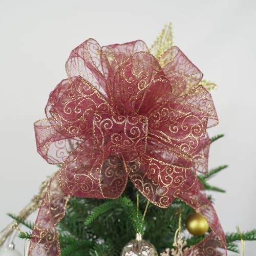 Red Gold Swirl Wired Ribbon 2.5 Inch Dark Red Sheer Ribbon with Gold Swirl Glitter Wired Organza Ribbons 25 Yards Burgundy Sheer Christmas Ribbons for Christmas Tree (75 Foot)