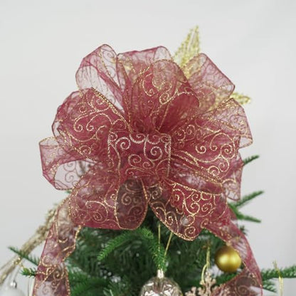 Red Gold Swirl Wired Ribbon 2.5 Inch Dark Red Sheer Ribbon with Gold Swirl Glitter Wired Organza Ribbons 25 Yards Burgundy Sheer Christmas Ribbons for Christmas Tree (75 Foot)