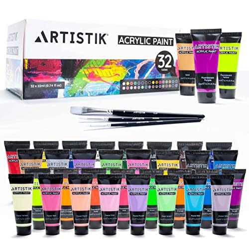 32 Color Acrylic Paint Set with 3 Brushes (23.68 Fl Oz)