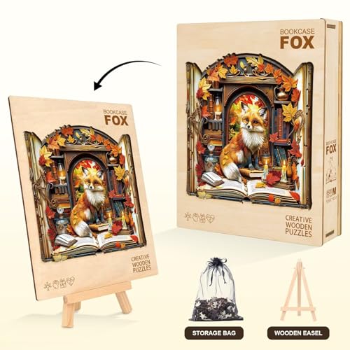 Bookcase Fox Puzzles Adults Gifts for Women Men Wooden 280 Pieces 12.6 * 12.2in