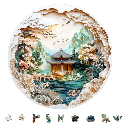 Wooden Puzzles Adults Chinese Landscape Jigsaw 13.4 * 13.4 in (285 Count)