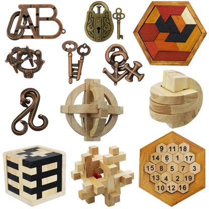 12 pcs Wooden Brain Teaser Puzzle and Metal 3D Unlock Interlocking Jigsaw Educational Toy for Kids and Adults Brain Games Durable Easy to Assemble Birthday Gifts Educational Toys