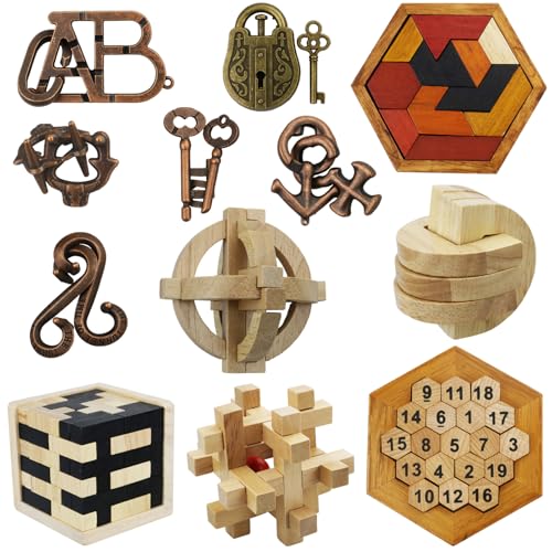 12 pcs Wooden Brain Teaser Puzzle and Metal 3D Unlock Interlocking Jigsaw Educational Toy for Kids and Adults Brain Games Durable Easy to Assemble Birthday Gifts Educational Toys