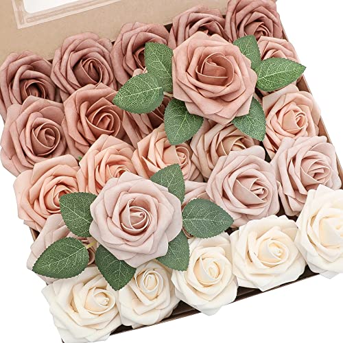 Artificial Flowers 25pcs Real Looking Morandi Peach Ombre Colors Foam Fake Roses with Stems for DIY Wedding Bouquets Bridal Shower Floral Centerpieces Party Tables Home Decorations (25 Count)