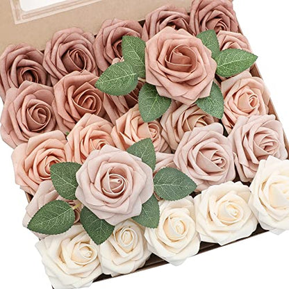 Artificial Flowers 25pcs Real Looking Morandi Peach Ombre Colors Foam Fake Roses with Stems for DIY Wedding Bouquets Bridal Shower Floral Centerpieces Party Tables Home Decorations (25 Count)