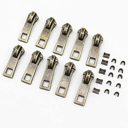 3 Upholstery Zipper Tape by The Yard Black Metal Zippers 5 Yards with 10pcs Antique Brass Pulls for Sewing Tailor Crafts