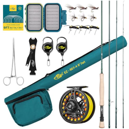 Fly Fishing Rod Combo Starter Kit 4 Piece 7WT 9FT Emerald Green 24T Carbon Fiber Trout Fly Rod with Reel