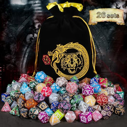 Polyhedral Dice with Engraved Designs & Drawstring Pouch (182 Count)