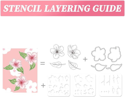 ORIGACH Realistic Peach Blossom Layering Stencils Set for Card Making, Flower Stencil Template Silicone Stamps and Die Sets for Scrapbooking DIY Crafting