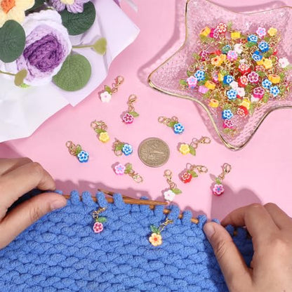 80Pcs Flower Stitch Markers Charms Handmade Polymer Clay Pendant Decorations Alloy Lobster Claw Clasps Charms Knitting Crochet Notions Clip On for Weaving Sewing Bag Ornaments (80 Count)
