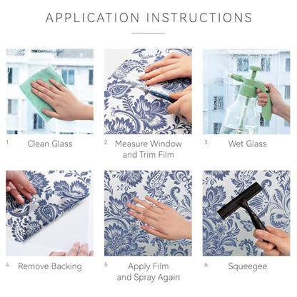 Blue Bohemian Decorative Privacy Window Film Patterns 17.7in X 78.7in