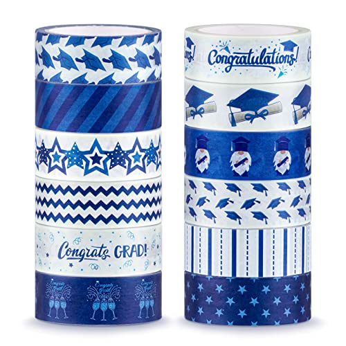 12 Rolls Graduation Washi Tape Blue White Congrats Grad Washi Masking Tape Congratulations Star Grad Cap Decorative Paper Stickers for Graduation Scrapbook Gift Wrapping DIY Art Crafts (12 Count)