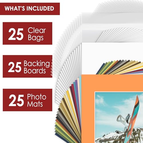 Mat Board Center 25 Pack 11x14 Mat+Backings+Bags for 8x10 Photo Mix Color