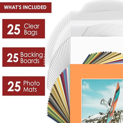 Mat Board Center 25 Pack 11x14 Mat+Backings+Bags for 8x10 Photo Mix Color