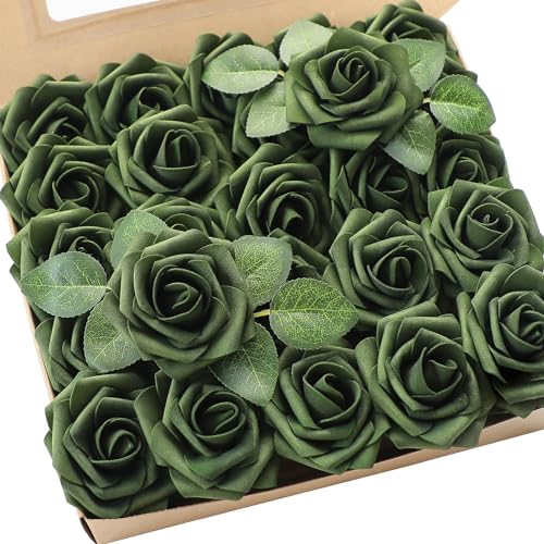 Artificial Flowers 50pcs Real Looking Emerald Green Foam Fake Roses with Stems for DIY Wedding Bouquets Bridal Shower Centerpieces Floral Arrangements Party Tables Home Decorations (50 Count)