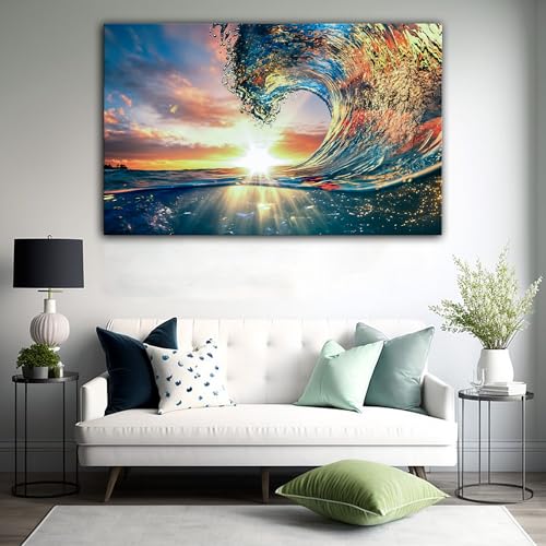 Shining Sun and Waves Printed Tempered Glass Wall Art Painting for Living Room