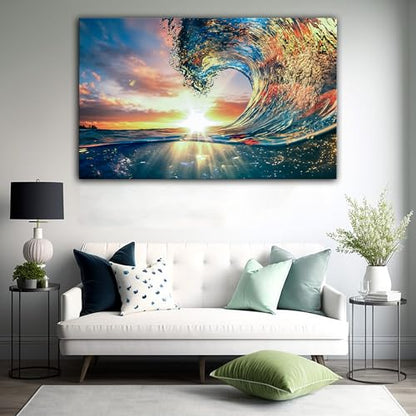 Shining Sun and Waves Printed Tempered Glass Wall Art Painting for Living Room