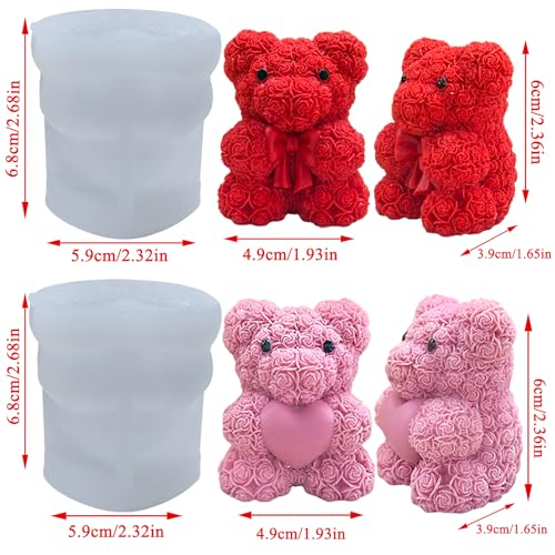 2 Pack Mini 3D Rose Bear Silicone Molds for Candle Resin Chocolate DIY