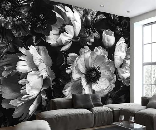 Black Peony Floral Wallpaper Vintage Large Flower wall murals for Bedroom 114"x74"
