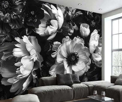 Black Peony Floral Wallpaper Vintage Large Flower wall murals for Bedroom 114"x74"