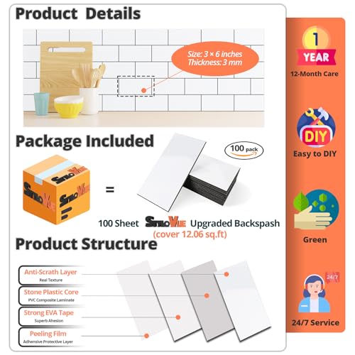 100 Pieces Peel and Stick Backsplash for Kitchen (12.5 Sq Ft)