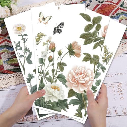 4 Sheets Light Vintage Florals Furniture Transfer 11.8x5.9inch Butterflies Peonies Rub on Transfer Wildflowers UV Self (4 Count)