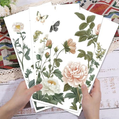 4 Sheets Light Vintage Florals Furniture Transfer 11.8x5.9inch Butterflies Peonies Rub on Transfer Wildflowers UV Self (4 Count)