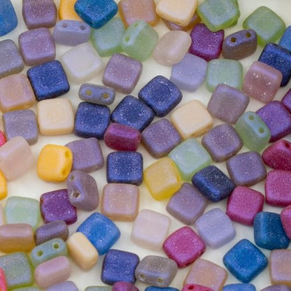 0.88oz (25g) Mix of 2-Hole Square Tile Czech Glass Beads 6mm - Purple Blue Shade