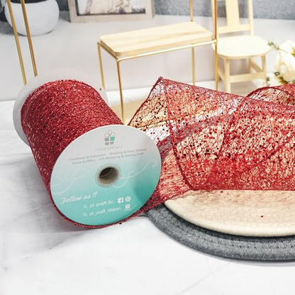 Sparkling Glitter Mesh Wired Ribbon 6" x 10 Yards Red for Christmas Home Decor Bow Gift Wrapping DIY Crafts Wreath (30 Foot)