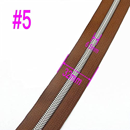5 Metallic Silver Nylon Coil Zippers by the Yard Bulk 10 Yards Brown Zipper Tape with 25pcs Silver Sliders for DIY Sewing Tailor Craft Bag