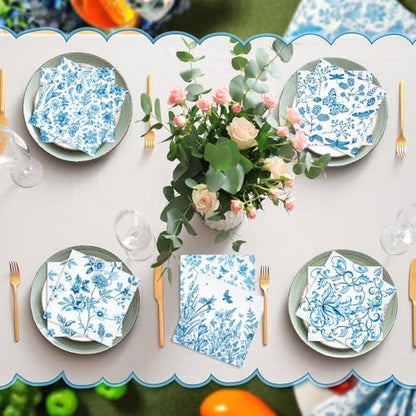 150 Pcs 10 x 10 Inch Blue Floral Paper Cocktail Napkins