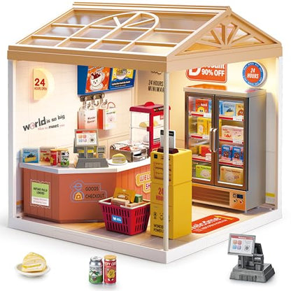 24 Hour Convenience Store DIY Miniature House Kit with Roof & LED Light