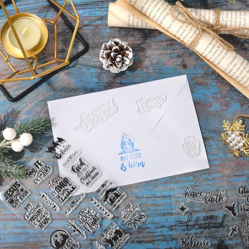 4 Sheets Christmas Clear Stamps Greeting Words Nativity Scene Silicone Transparent Stamps Holy Night Stamp for Xmas DIY Craft Card Making Scrapbooking Embossing Album Decor (4 Count)