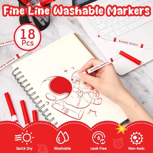 18 Pcs Line Washable Markers Red Fine Tip Markers for Kid