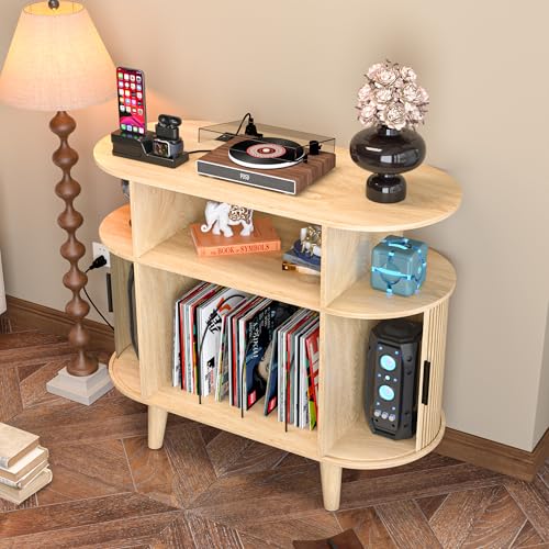 Large Round Record Player Stand with Charging Station & USB Ports