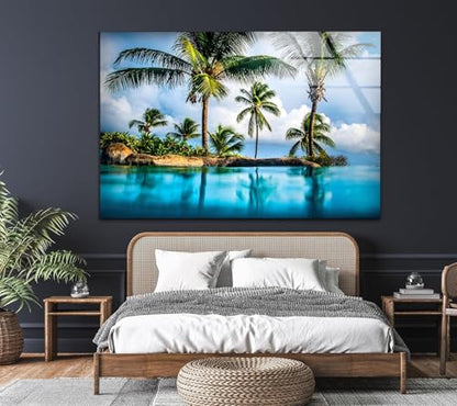 20Wx14H'' Island & Blue Sea Glass Wall ArtTempered Glass Printing Wall Decor Large Wall Art Wall Hangings