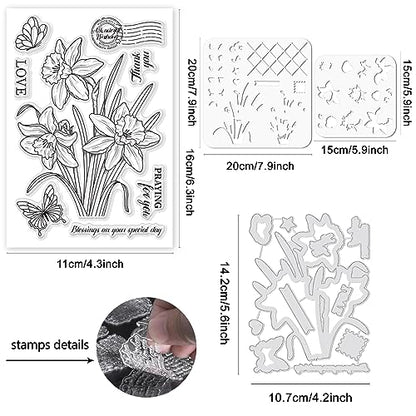 Realistic Daffodil Flower Stamps and Dies and Layering Coloring Stencil Set