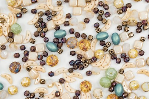 2.1oz (60 g) Mix of Unique Czech Bohemia Glass Pressed Beads, Matte and Glossy, Hand Made, Beige Blue Luster (2.1164 Ounce)