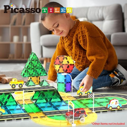 Magnetic Building Tiles Car Track Magnet Vehicle Adventure Theme Printed Street Road Runway Speedway Highway Block Construction Expansion Add (16 Count)