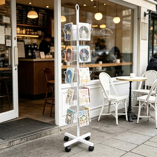 White Greeting Card Display Rack Rotating Flyer Stand 20 Pocket