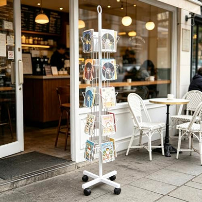 White Greeting Card Display Rack Rotating Flyer Stand 20 Pocket