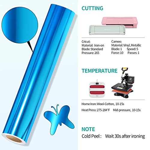 Blue Metallic Foil Heat Transfer Vinyl 12" x5ft Blue HTV Vinyl Roll Chrome Iron on Vinyl Easy to Cut & Weed DIY Heat Press Design for T (5 Foot)